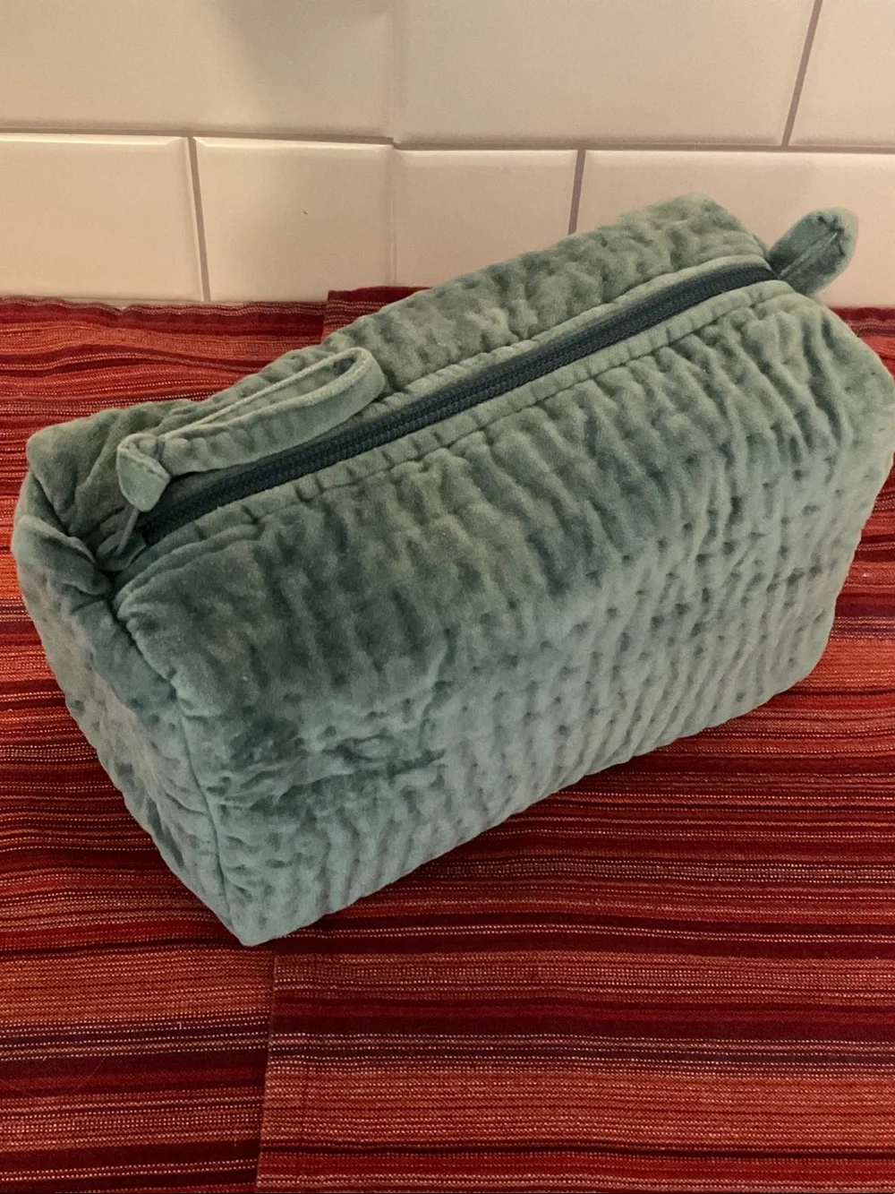 Pottery Barn Plush Quilted Cosmetic Toiletry Bag in Sage Green